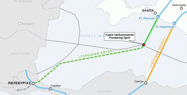 Схема маршрута «Турецкого потока» с сайта gazprom.ru и расположение трубоукладчика 1 сентября